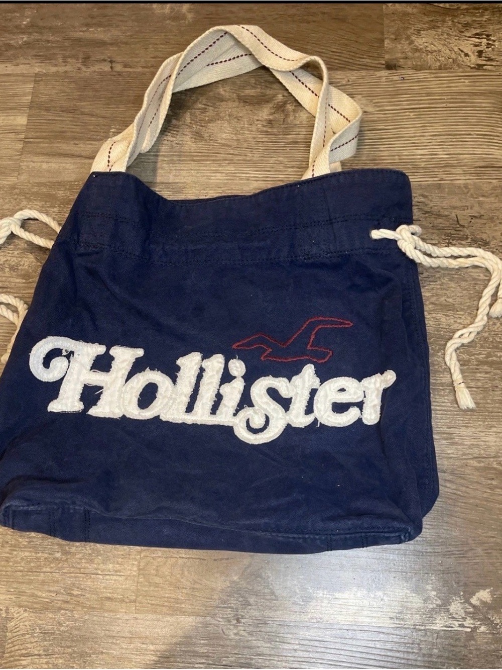 Y2K Hollister Navy Canvas Drawstring Tote Bag Rope Handles 15 x 18